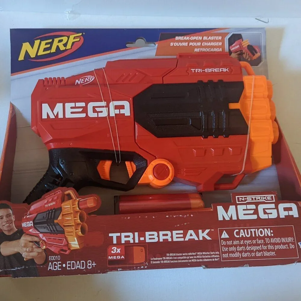 NWT NERF Tri-Break Mega Blaster Gun + 3 Foam Darts Hasbro New on Package Age 8+